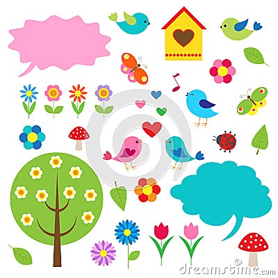 Birds,trees and bubbles for speech Vector Illustration