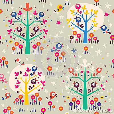 Birds in the trees cartoon nature forest retro seamless pattern Vector Illustration