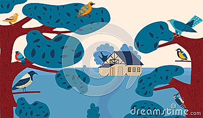 Birds on trees flat vector illustration, cartoon summer countryside landscape with farm house, forest birdies sitting on Vector Illustration