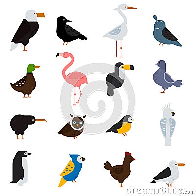 Birds vector set illustration. Eagle, parrot. Pigeon and toucan. Penguins, flamingos. Crows, peacocks. Black grouse Vector Illustration