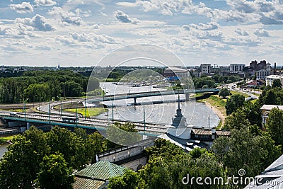 Birds view of bridges across the Volga river and city panorama of Yaroslavl Editorial Stock Photo