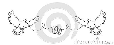 Birds with wedding rings line art. Continuous line drawing of two doves, engaged rings, family, couple, love, birds Vector Illustration