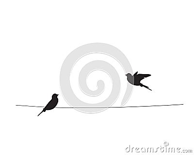 Two birds silhouettes on wire, vector. Flying bird silhouette, illustration. Wall decals, wall art work. Scandinavian minimalist Vector Illustration