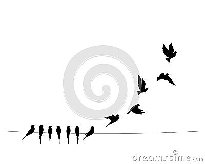 Birds on wire and flying birds silhouettes, vector. Scandinavian minimalism art design. Birds illustration isolated Vector Illustration