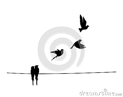 Birds on wire and flying birds silhouettes, vector. Vector Illustration