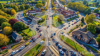 A BirdsEye View of a Dynamic British Intersection Navigating the Flow of Traffic at a Busy Junction Stock Photo