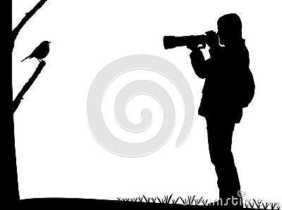 Birdwatcher photographs a bird silhouette Vector Illustration