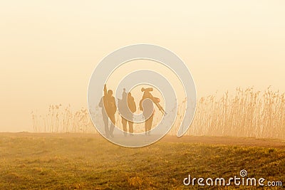 Birdwatchers walking in the fog an early morning Stock Photo