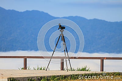 Birdwatching monocular or spotting scope on a tripod Stock Photo