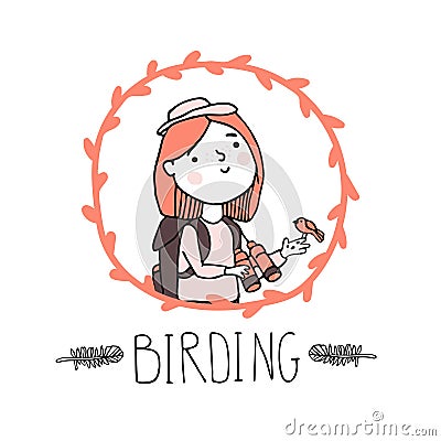 Young girl bird watching. Birding and ornithology concept Vector Illustration
