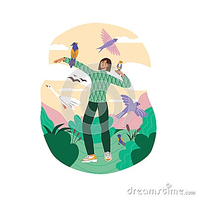 Birdwatching or ornithology flat vector illustration. Woman have eco-friendly hobby, outdoor activity, local tourism Vector Illustration
