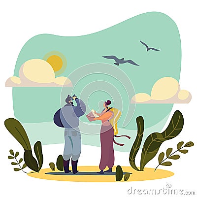 Birdwatching people cartoon character nature vector illustration Vector Illustration