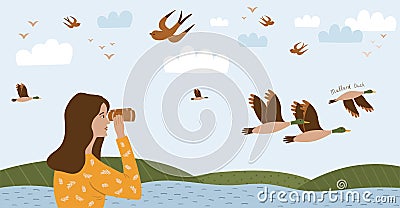 Birdwatching poster, birding. Ornithology horizontal banner template. Girl looks through binoculars, woman watches the Cartoon Illustration