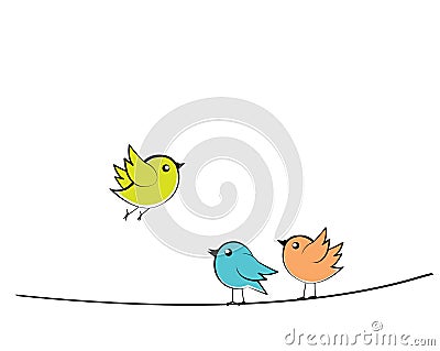 Cute birds on wire, vector. Colorful birds silhouettes cartoon illustration isolated on white background Vector Illustration