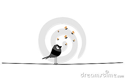 Bird silhouette on wire with wasps, vector Vector Illustration
