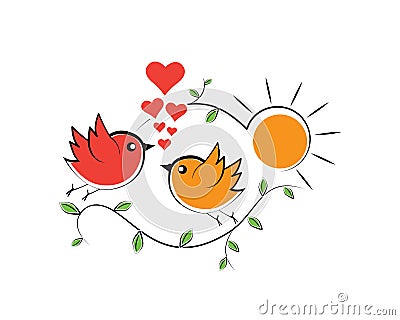 Two birds on love with hearts illustration, vector. Cute birds on branch. Childish poster design. Cartoon character Vector Illustration