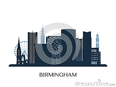 Birmingham skyline, monochrome silhouette. Vector Illustration