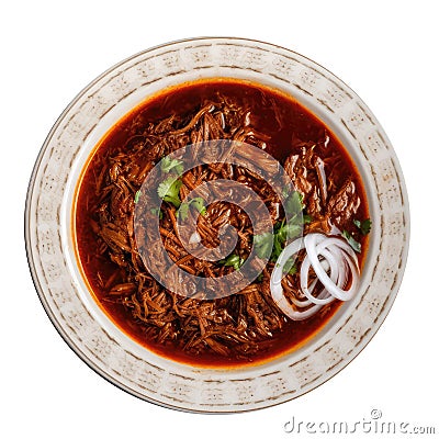 Birria De Res On A White Ornate Round Smooth Plate On Isolated Transparent Background Mexican Food. Generative AI Stock Photo