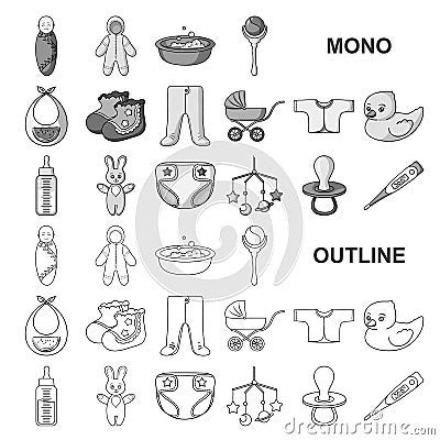 Birth of a baby monochrom icons in set collection for design. Newborn and accessories vector symbol stock web Vector Illustration