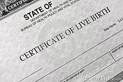 Birth Certificate for Live Baby Born Stock Photo