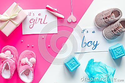 Birth child baby shower concept boy or girl top view Stock Photo