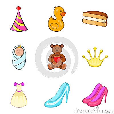 Birth of child icons set, cartoon style Vector Illustration