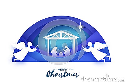 Birth of Christ. Baby Jesus in the manger. Holy Family. Magi. Angels. Star of Bethlehem - east comet. Nativity Christmas Vector Illustration