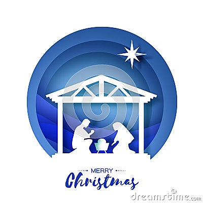 Birth of Christ. Baby Jesus in the manger. Holy Family. Magi. Star of Bethlehem - east comet. Nativity Christmas design Vector Illustration