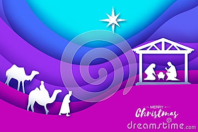 Birth of Christ. Baby Jesus in the manger. Holy Family. Magi. Three wise kings and star of Bethlehem - east comet Vector Illustration