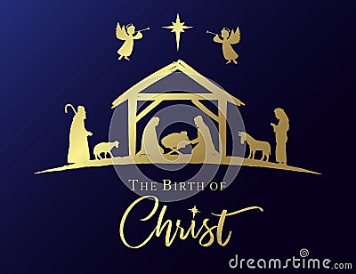 The Birth of Christ, Christmas nativity scene golden card Vector Illustration