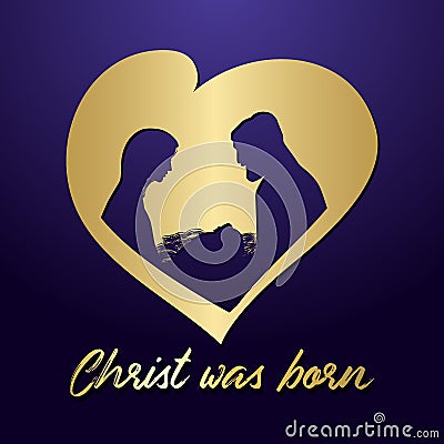 Birth of Christ and manger golden heart Vector Illustration