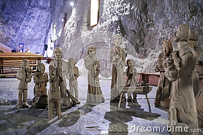 Birth of Christ scene with wooden statues in ht Salt Mine Museum of Praid, Transylvania Editorial Stock Photo