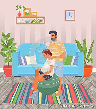 Birth pose for pregnant woman, female sitting at fitball, husband help wife to relax making massage Vector Illustration