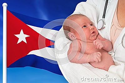 Birth rate in Cuba. Newborn baby in hands of doctor Stock Photo