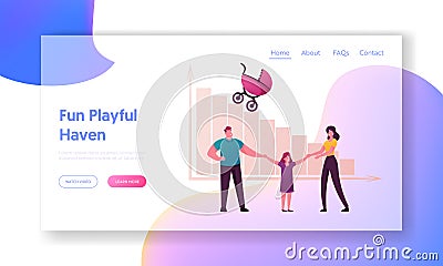Birth Rate and Demographic Datum Landing Page Template. Parents and Daughter Characters Vector Illustration
