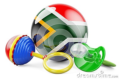 Birth rate and parenting in South Africa concept. Baby pacifier and baby rattle with South African flag, 3D rendering Stock Photo