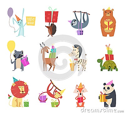 Birthday animals. Holiday happy celebration hare hedgehog bear zebra turtle lion and monkey festive gifts vector cartoon Vector Illustration