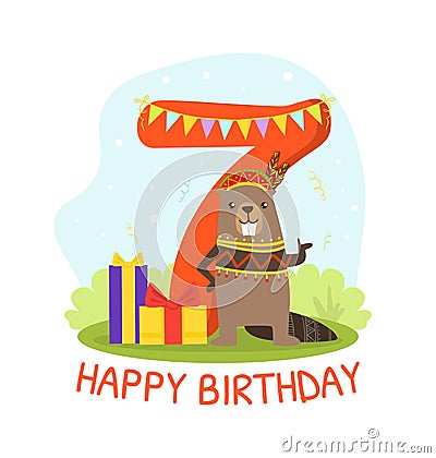 Birthday Anniversary Number and Cute Ethnic Patterned Beaver Animal, Card Template for Seven Year Old Vector Vector Illustration