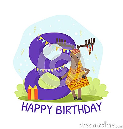 Birthday Anniversary Number and Cute Ethnic Patterned Deer Animal, Card Template for Eight Year Old Vector Illustration Vector Illustration