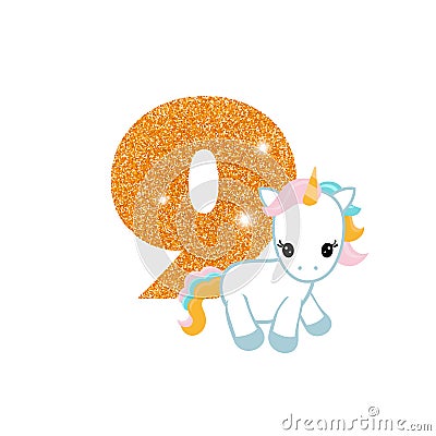 Birthday anniversary number with cute unicorn Vector Illustration