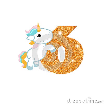 Birthday anniversary number with cute unicorn Vector Illustration