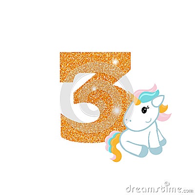 Birthday anniversary number with cute unicorn Vector Illustration