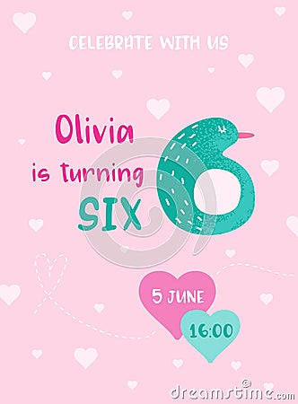 Birthday Baby Cute Card with Pinguin and Number Six, Invitation Postcard, Flyer, Poster, Greetings Illustration Vector Illustration