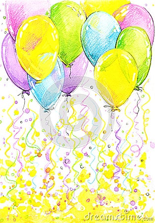 Birthday background with flying colorful balloons and confetti Cartoon Illustration