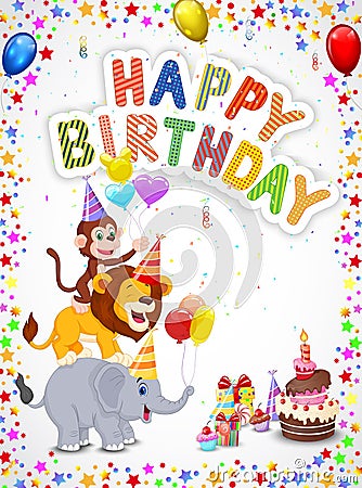 Birthday background with happy animals cartoon Vector Illustration