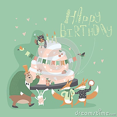 Birthday background with happy animals Vector Illustration