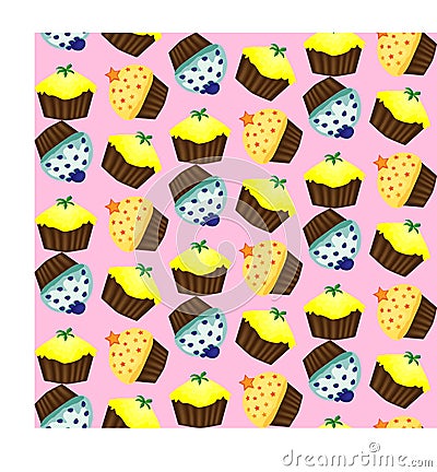 Birthday background. Seamless pattern with cupcakes and muffins. Cute cartoon characters, emoji. Kawaii cupcakes Stock Photo