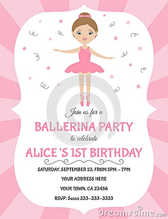Birthday ballerina party invitation. Little girl ballerina in pink tutu dress. Cute cartoon character. Vector Illustration