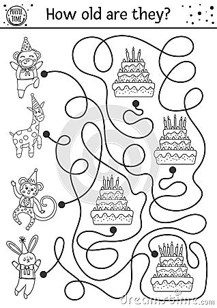 Birthday black and white maze for children. Holiday outline preschool printable educational activity. Funny line b-day party game Vector Illustration