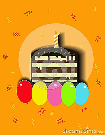 Birthday cake and balloons. Colored illustration. Cartoon Illustration